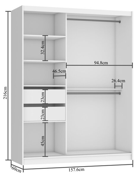 Šatní skříň 158 cm Belini bílý mat s posuvnými dveřmi zrcadlem a zásuvkami