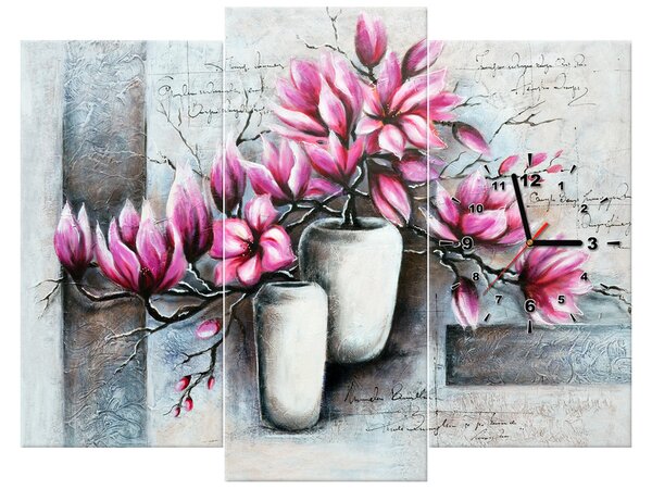 Obraz s hodinami Růžové magnolie ve váze - 3 dílný Rozměry: 90 x 70 cm