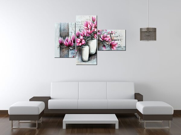 Obraz s hodinami Růžové magnolie ve váze - 3 dílný Rozměry: 90 x 70 cm