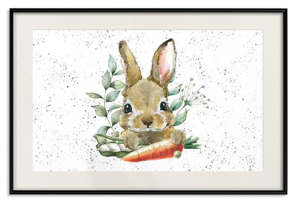 Plakát Zajíc s mrkví - malovaný králík s zeleninou na puntíkatém pozadí