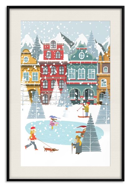 Plakát Zimní město - měšťanské domy a kluziště ve sváteční atmosféře
