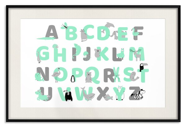 Plakát Anglická abeceda pro děti - šedá a mátová písmena se zvířátky