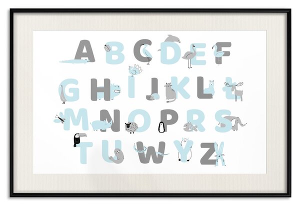 Plakát Polská abeceda pro děti - šedé a modré písmenka se zvířátky
