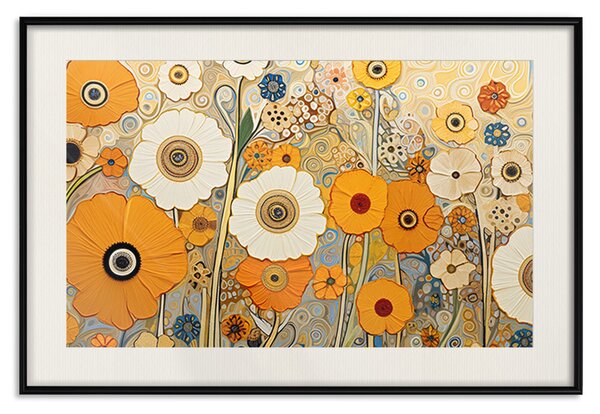 Plakát Oranžová kompozice - květiny na louce ve stylu Klimtových obrazů