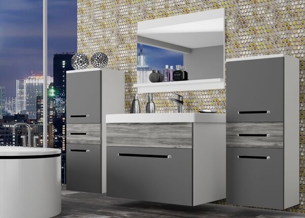 Koupelnový nábytek Belini šedý mat / šedý antracit Glamour Wood + umyvadlo + zrcadlo ROD M 4/0/W/SRGW1/0/ZW