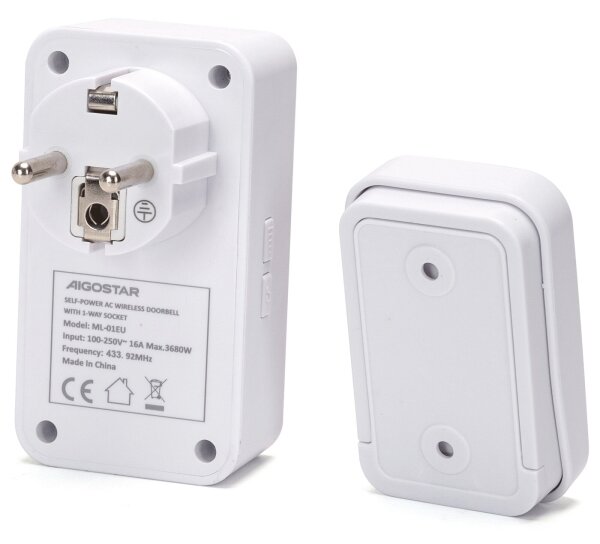 Aigostar - Bezdrátový zvonek do zásuvky 1Z 230V IPX4 bílá