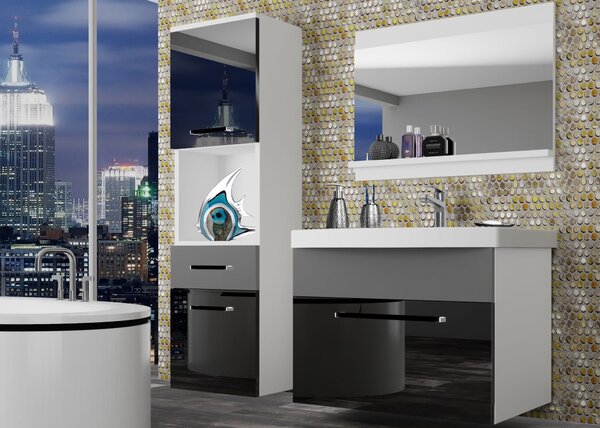 Koupelnový nábytek Belini černý lesk / šedý mat + umyvadlo + zrcadlo ROD PM 3/0/W/BSR/0/ZW