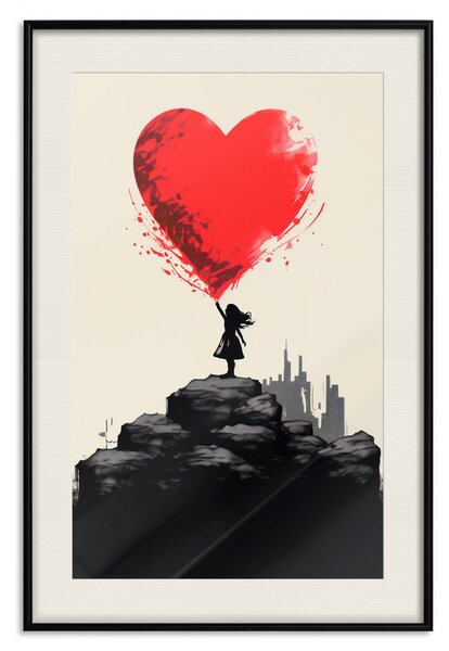 Plakát Červené srdce - dívka s balonkem inspirovaná Banksyho stylem graffiti