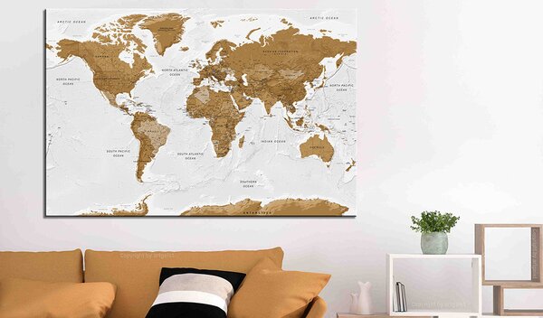 Korková nástěnná dekorační tabule Mapa světa světadílů - zeměpisné tvary s názvy na světlém pozadí