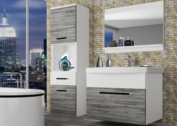 Koupelnový nábytek Belini šedý antracit Glamour Wood / bílý mat + umyvadlo + zrcadlo ROD M 3/0/W/GW1W/0/ZW