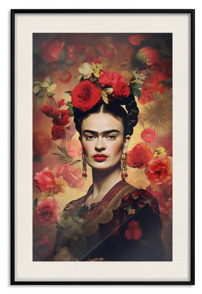 Plakát Portrait With Roses - Frida Kahlo on a Brown Background Full of Flowers