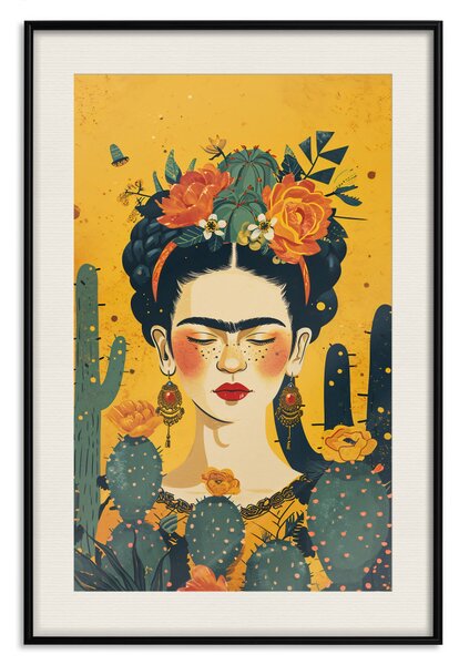 Plakát Frida With Cacti - Cartoon Portrait on Orange Background