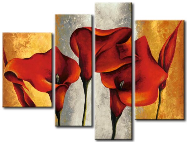 Obraz Červené kalie (1 díl) - květinový motiv se zlatě-stříbrným pozadím
