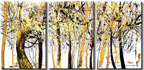 Obraz Bílý les (3 díly) - abstrakce s zlatými a černými skvrnami