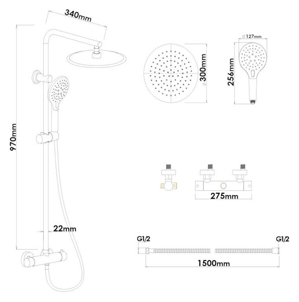 Erga Bergen, sprchový set s termostatickou baterií a dešťovou sprchou 30 cm, černá matná, ERG-YKA-BP.BERGEN THERM 30 BLK