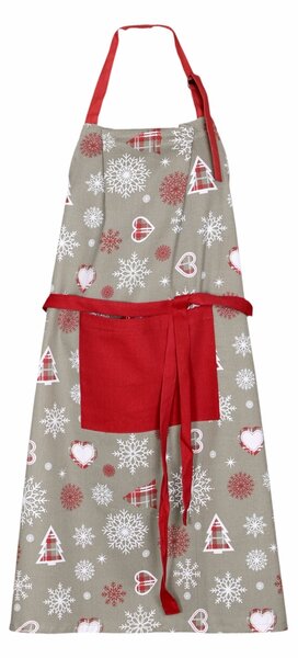 Kuchyňská vánoční zástěra v šedé a červené barvě s motivem srdíček, vloček a stromečků. Ve stejném designu koupíte i chňapku, utěrky a povlak na polštářek. Rozměr zástěry je 70x90 cm