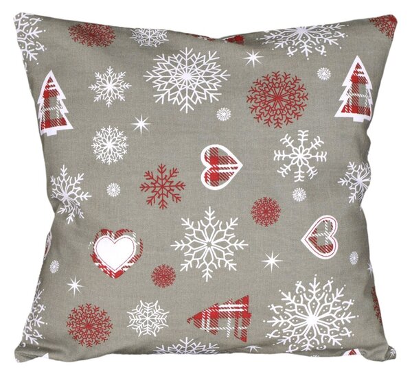 Vánoční povlak na malý polštářek s motivem vloček, srdíček a stromečků v šedé, červené a bílé barvě. Pro všechny, kdo má rád období Vánoc. Rozměr povlaku je 40x40 cm