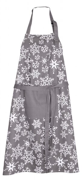 Kuchyňská vánoční zástěra v šedé barvě s motivem bílých vloček. Ve stejném designu koupíte i chňapku, utěrky a povlak na polštářek. Rozměr zástěry je 70x90 cm