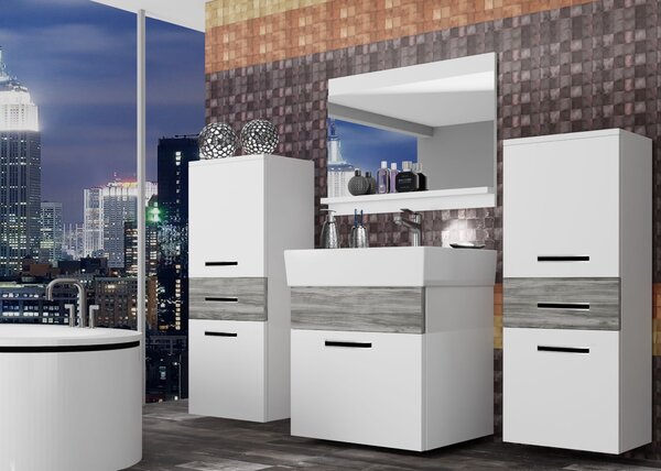 Koupelnový nábytek Belini bílý mat / šedý antracit Glamour Wood + umyvadlo + zrcadlo KOR M 4/1/W/WGW1/0/ZW
