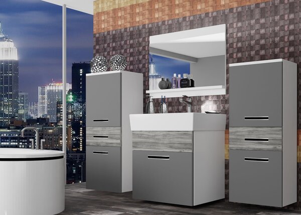 Koupelnový nábytek Belini šedý mat / šedý antracit Glamour Wood + umyvadlo + zrcadlo KOR M 4/1/W/SRGW/0/ZW
