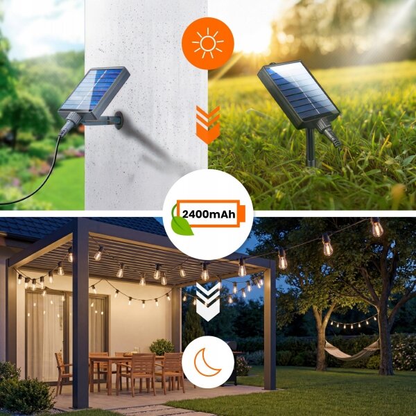 LED Stm solární dekorační řetěz 10xE27/3V USB 2400 mAh 10,62 m IP65 černá + DO
