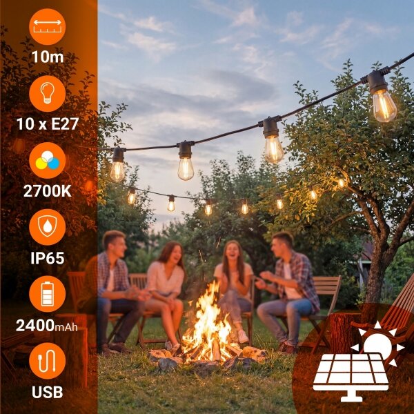 LED Stm solární dekorační řetěz 10xE27/3V USB 2400 mAh 10,62 m IP65 černá + DO
