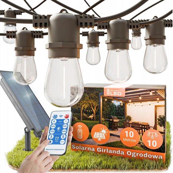 LED Stm solární dekorační řetěz 10xE27/3V USB 2400 mAh 10,62 m IP65 černá + DO