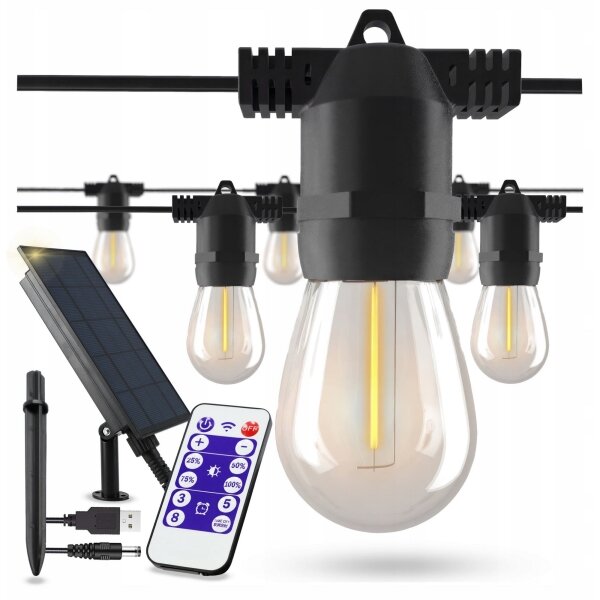 LED Stm solární dekorační řetěz 10xE27/3V USB 2400 mAh 10,62 m IP65 černá + DO