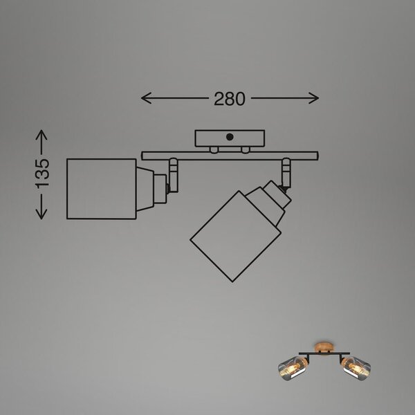 BRILO 2485025 Briloner Hema stropní bodové svítidlo, kouřové sklo, nastavitelné, 2-ramenné, dřevěná základna - BRILONER