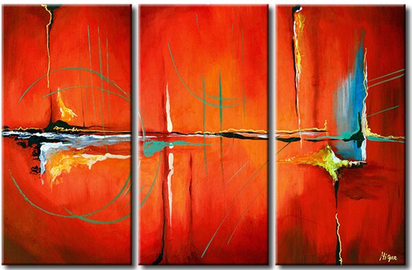 Obraz Tango s fantazií (3-dílný) - červená abstrakce se zářezy