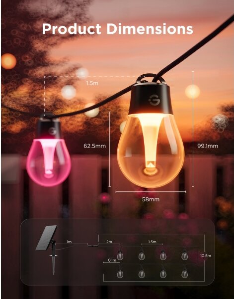 Govee - LED RGBICW Solární řetěz 8xLED/6W/5V Wi-Fi Matter IP67
