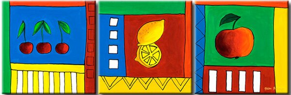 Obraz Třešně citron jablko (3-dílný) - ilustrace na barevném pozadí