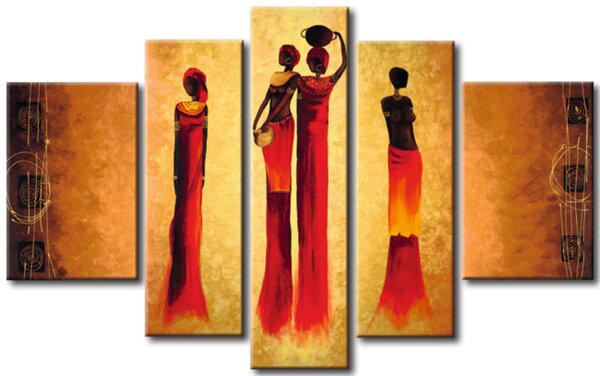 Obraz Africký motiv (5dílný) - postavy žen na oranžovém pozadí