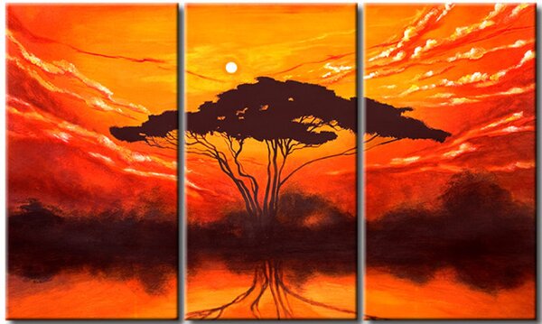 Obraz Západ slunce nad Afrikou (3dílný) - krajina se samotným stromem