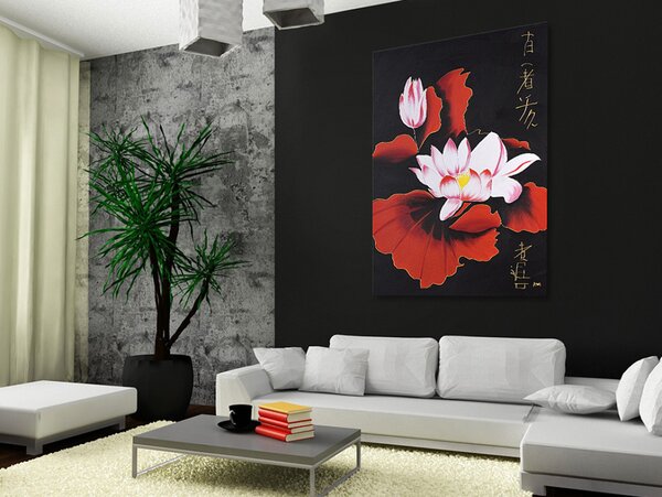 Obraz Feng-shui (1dílný) - orientální motiv s lilii a ideogramy