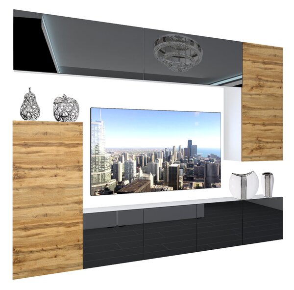 Obývací stěna Belini Premium Full Version černý lesk / dub wotan + LED osvětlení Nexum 126