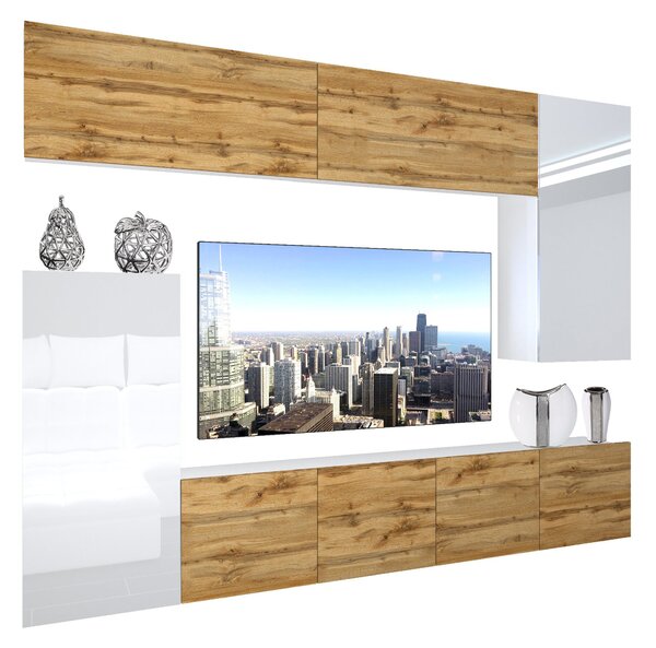 Obývací stěna Belini Premium Full Version bílý lesk / dub wotan + LED osvětlení Nexum 124