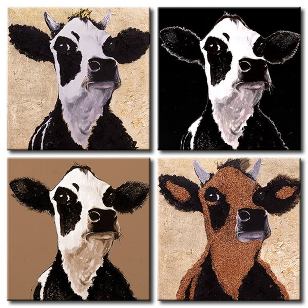 Obraz Kravičky s nugátem (4dílný) - příroda s portréty krávy v barvách