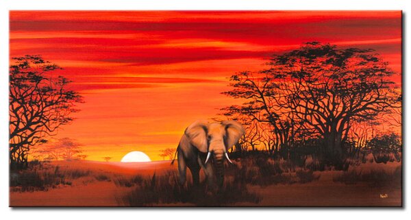 Obraz Osamělý slon (1dílný) - krajina s přírodou savany na pozadí slunce