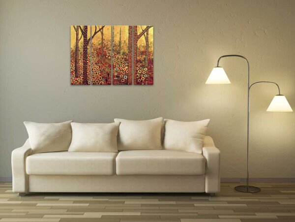 Obraz Zlatý les (4dílný) - abstrakce s stromy ve fantaskních vzorech
