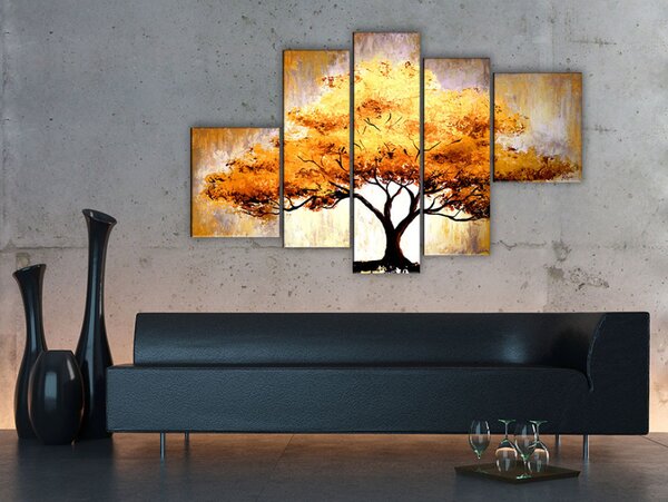 Obraz Zlatý podzimní strom (5dílný) - umělecký les na světlém pozadí