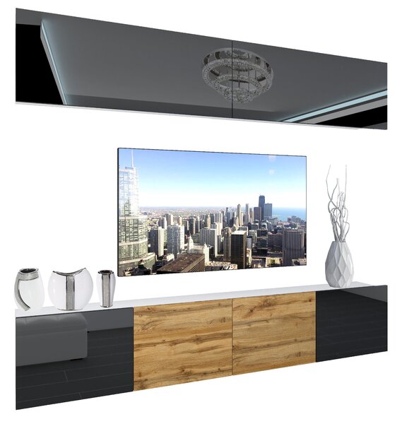 Obývací stěna Belini Premium Full Version černý lesk / dub wotan + LED osvětlení Nexum 95