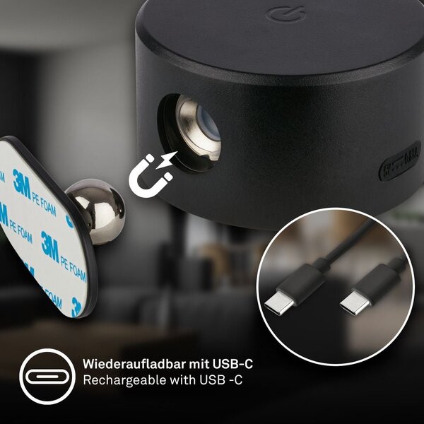 BRI 3896015 Tari nástěnné bodové svítidlo - 1,6W, 160lm, LED, nabíjecí, CCT, stmívatelné, bezdrátové, černá - BRILONER