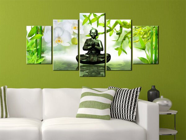 Obraz Tajemství Asie (5-dílný) - Buddha a zen na pozadí zelených bambusů