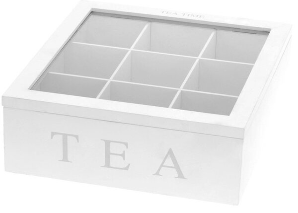 Dřevěná krabička na čaj TEA, 9 přihrádek - bílá