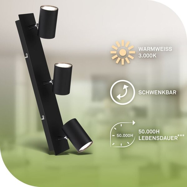 BRILO 2840035 Isil A LED stropní bodové svítidlo, energetická třída A, 3-ramenné, 50.000h životnost, nastavitelné, černé - BRILO