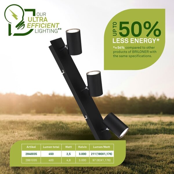 BRILO 2840035 Isil A LED stropní bodové svítidlo, energetická třída A, 3-ramenné, 50.000h životnost, nastavitelné, černé - BRILO
