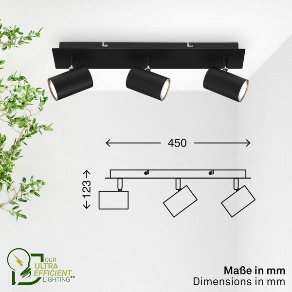 BRILO 2840035 Isil A LED stropní bodové svítidlo, energetická třída A, 3-ramenné, 50.000h životnost, nastavitelné, černé - BRILO