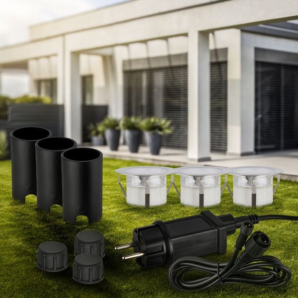BRI 3916032 CONNECT TO SHINE startovací sada 12V zahradní osvětlení - trafo, 3x LED svítidlo do země, IP67, stříbrná - BRILONER