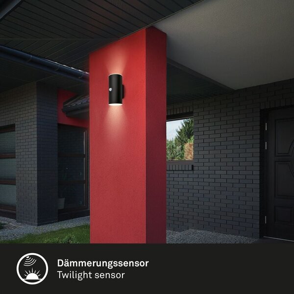 BRI 3787015 Lima LED venkovní nástěnné svítidlo, pohybové čidlo, soumrakový senzor, nabíjecí, černá - BRILONER